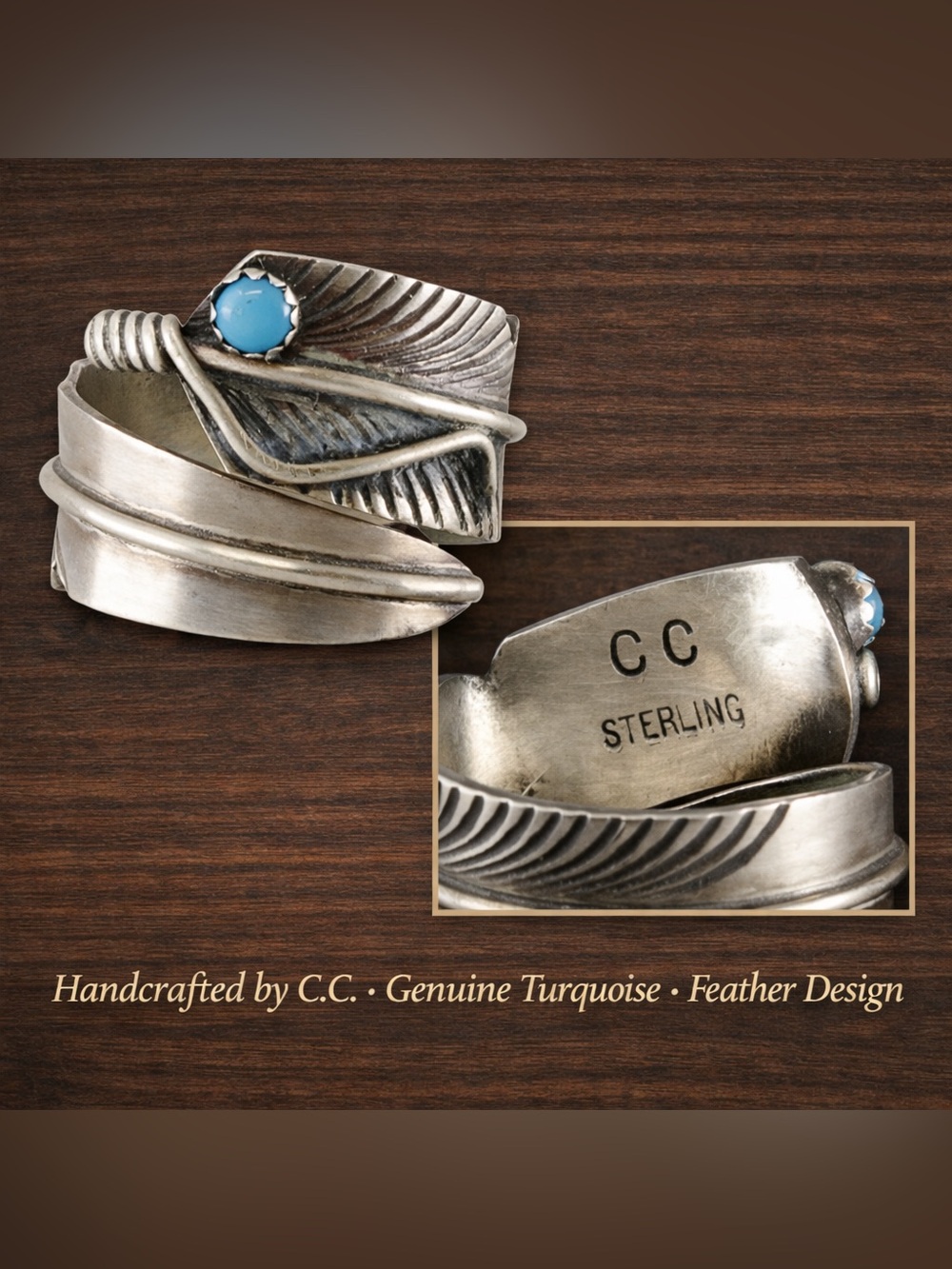 Navajo Sterling Silver Turquoise Feather Ring By C.C. Size: 8